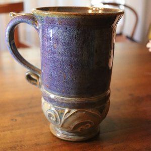 TALL BLUE GLAZED AND DECORATED JAR/CUP